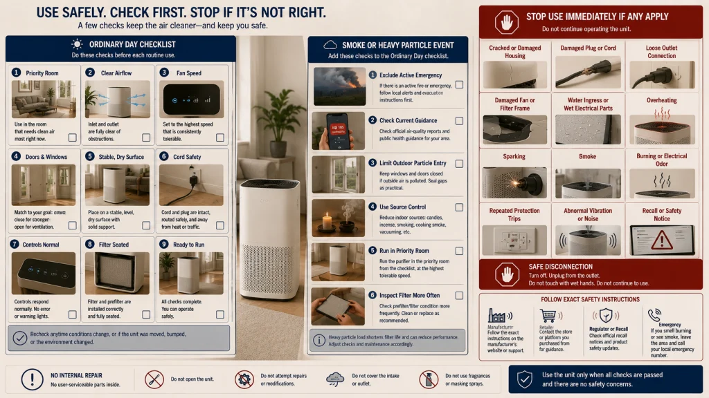 Air Purifier Daily Checklist and Stop Conditions