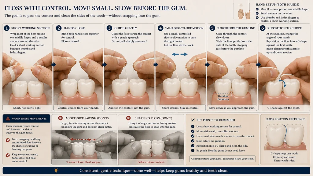 Floss Hand Position and Gentle Contact Sequence